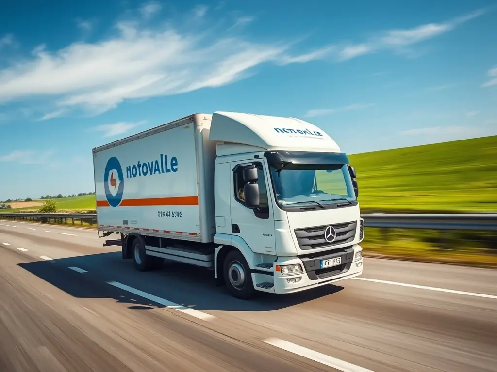 A high-speed delivery truck speeding down a highway at sunset, symbolizing express delivery services.