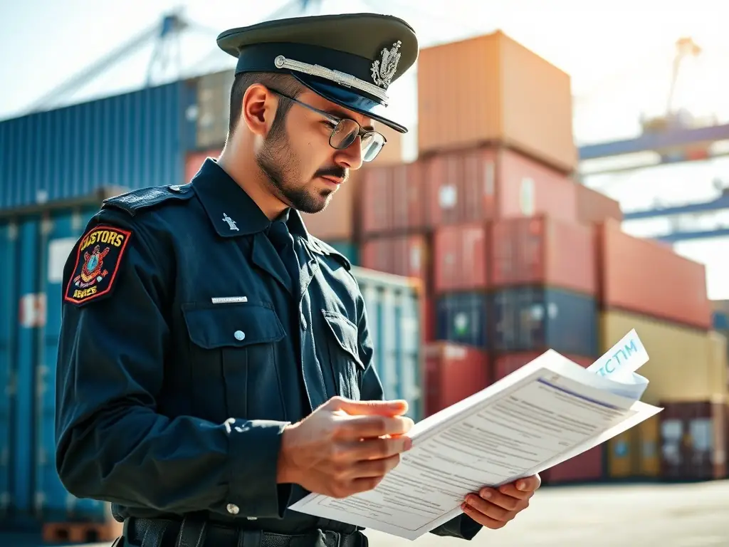 A customs officer inspecting shipping documents in a busy port, illustrating customs brokerage services.