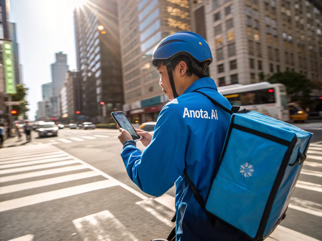 A delivery person using a mobile app to manage a delivery route in a busy urban environment, representing last-mile solutions.